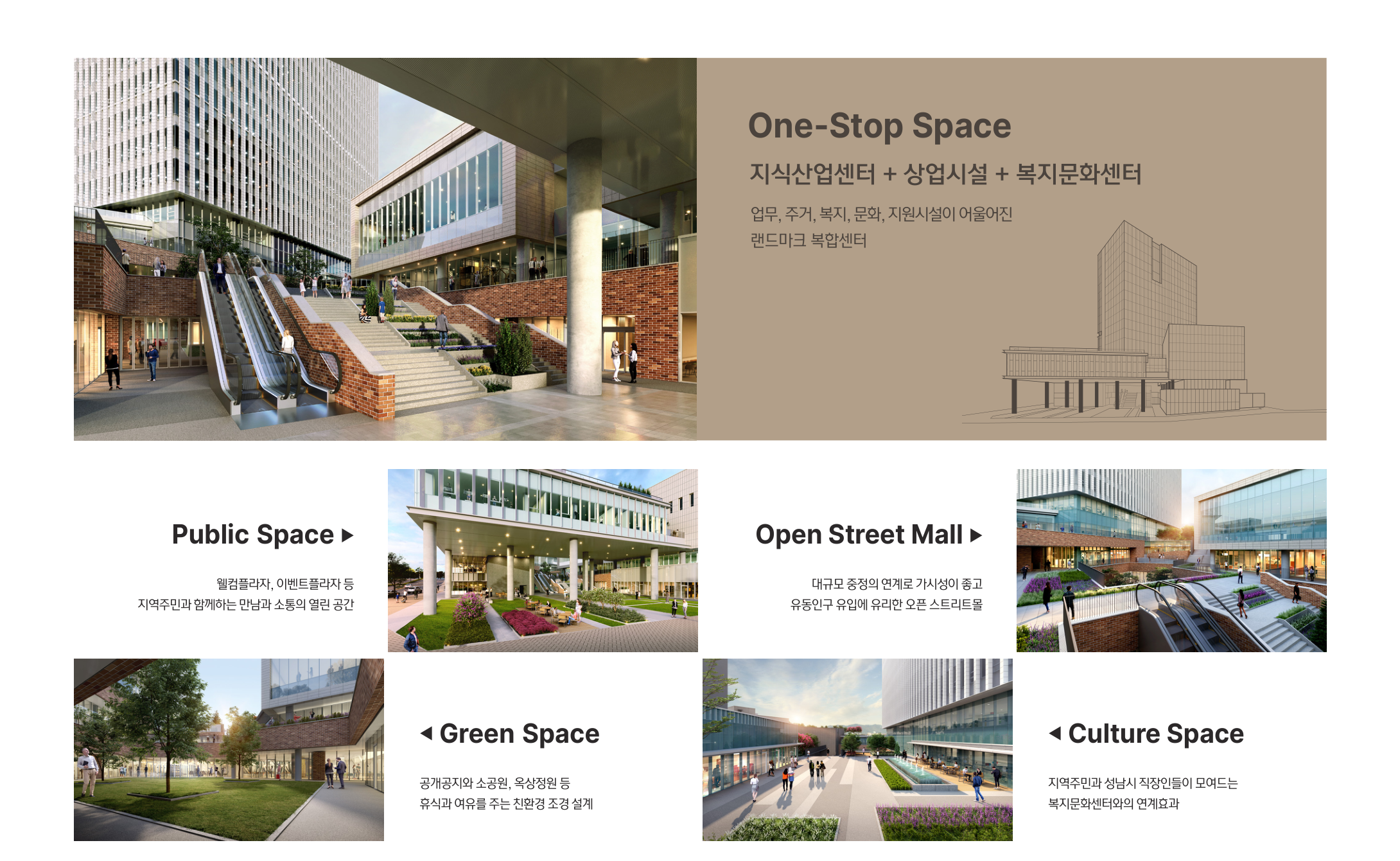 플라자, 녹지, 스트리트몰과 문화 공간 구성
